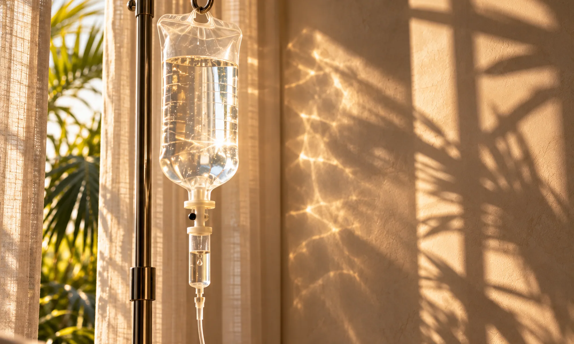IV drip bag in warm sunlight by a window at Clínica Almaaz