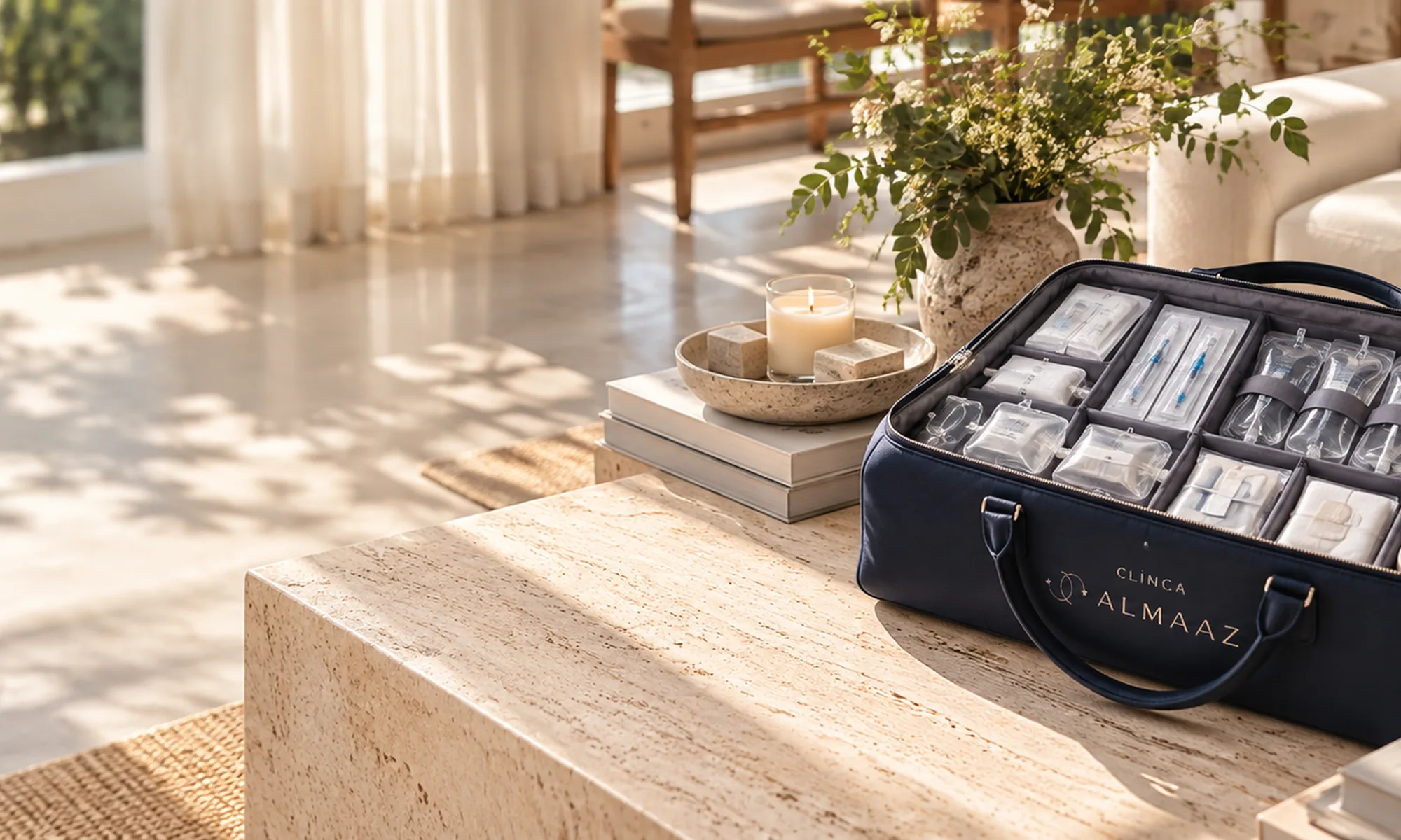 Almaaz Mobile IV kit open in a living room, for IV therapy at home or at your hotel