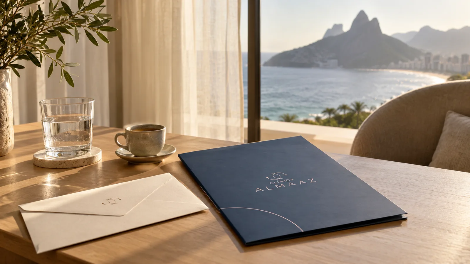 Almaaz folder and envelope on a table with a view of Ipanema